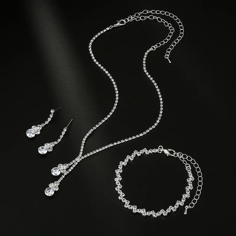3Pcs Fashionable Women's Jewelry Set With Zircon Earrings Necklaces Bracelets