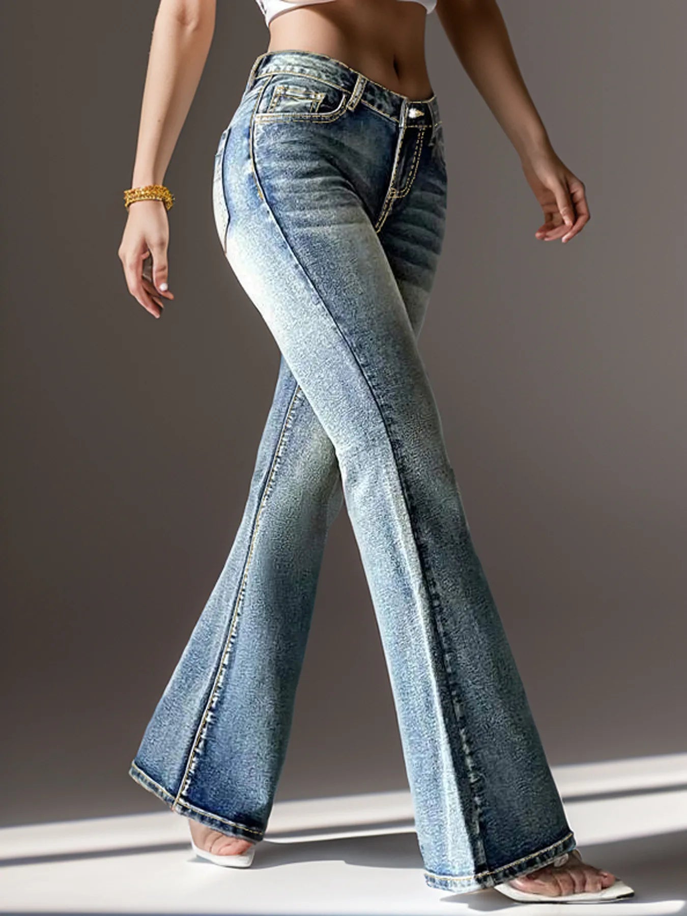 Winter New Retro Mid Waist Slim Butt Lift Embroidered Denim Flared Pants