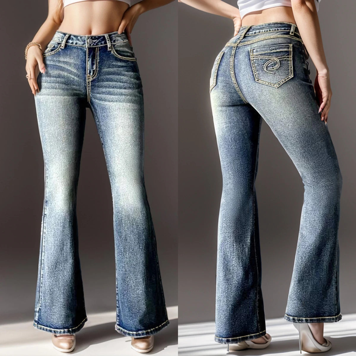 Winter New Retro Mid Waist Slim Butt Lift Embroidered Denim Flared Pants