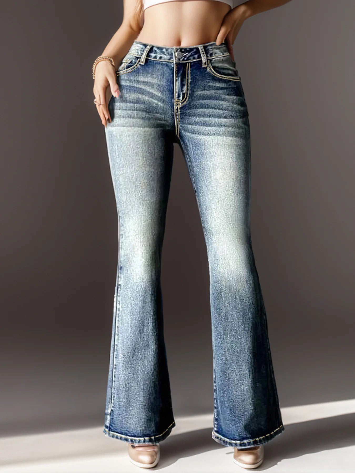 Winter New Retro Mid Waist Slim Butt Lift Embroidered Denim Flared Pants