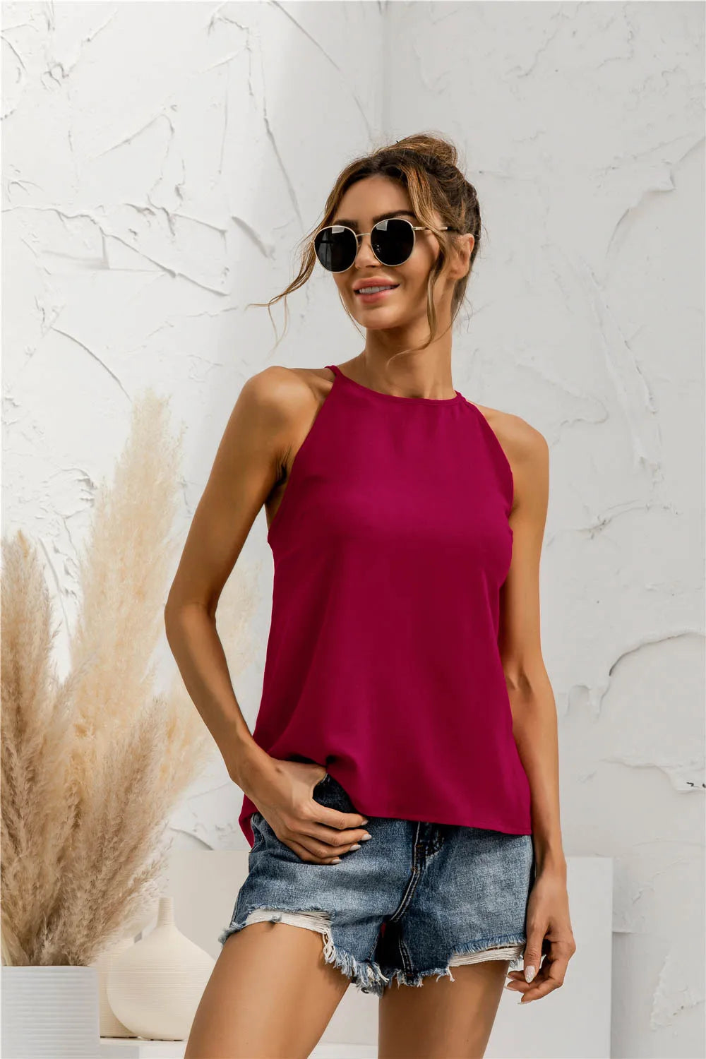 Women Summer Sleeveless Halter Solid Color Tank Top