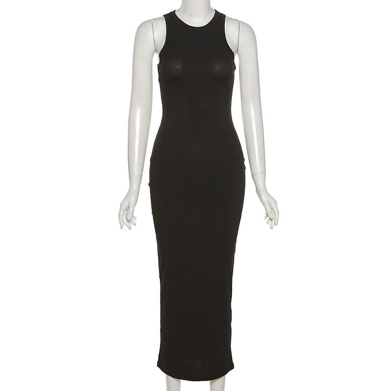 Ribbed Knitted Autumn Black Maxi Dress Women