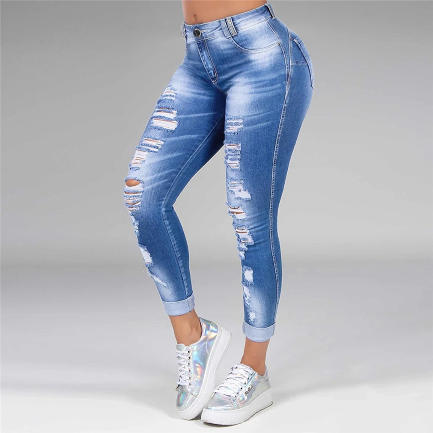 Women Ripped High Waist Skinny Denim Jeans