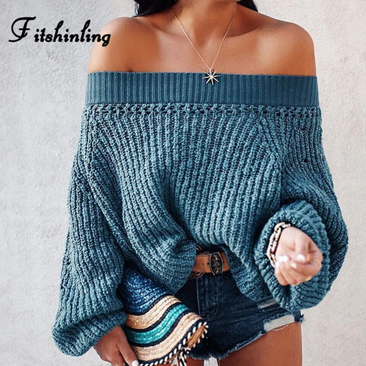 Off shoulder knitwear fashion lantern sleeve women sweaters and pullovers