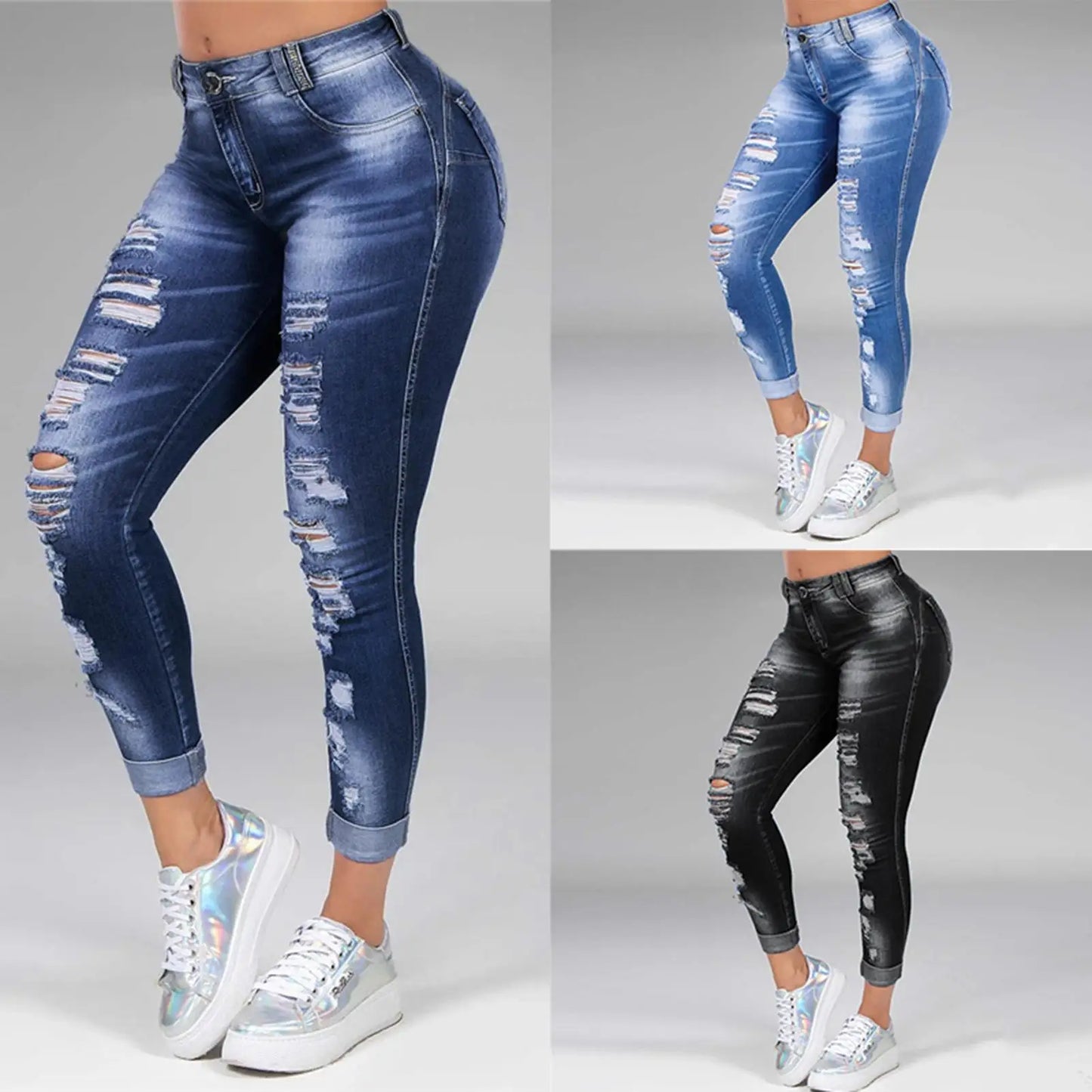 Women Ripped High Waist Skinny Denim Jeans