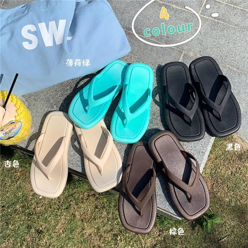 Women Fashion Summer Square Head Platform Flip Flops Solid Color Beach