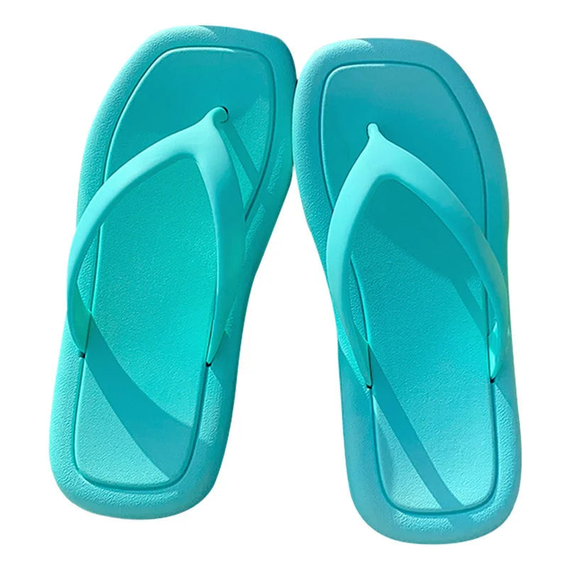 Women Fashion Summer Square Head Platform Flip Flops Solid Color Beach