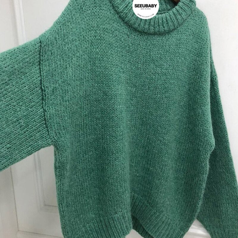 Women Knitted Solid Warm O-Neck Pullovers