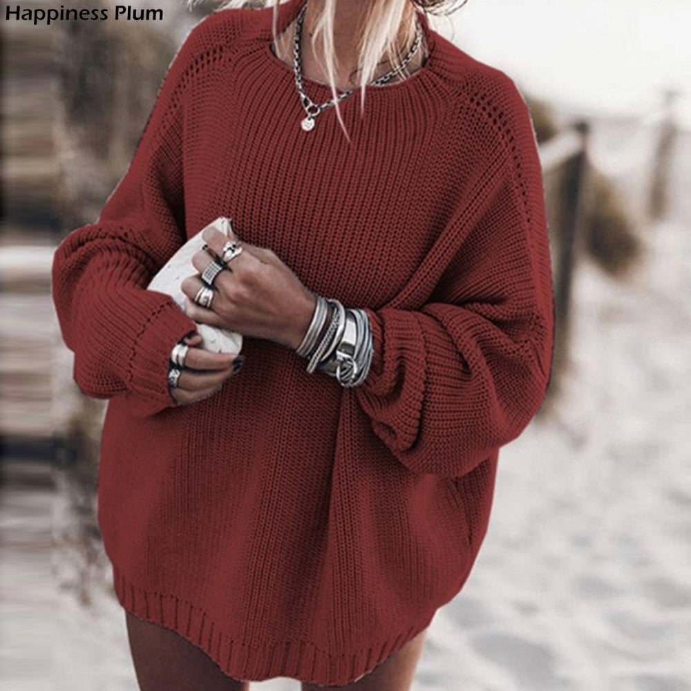 Women Casual Batwing Long Sleeve Knitted Solid Sweater