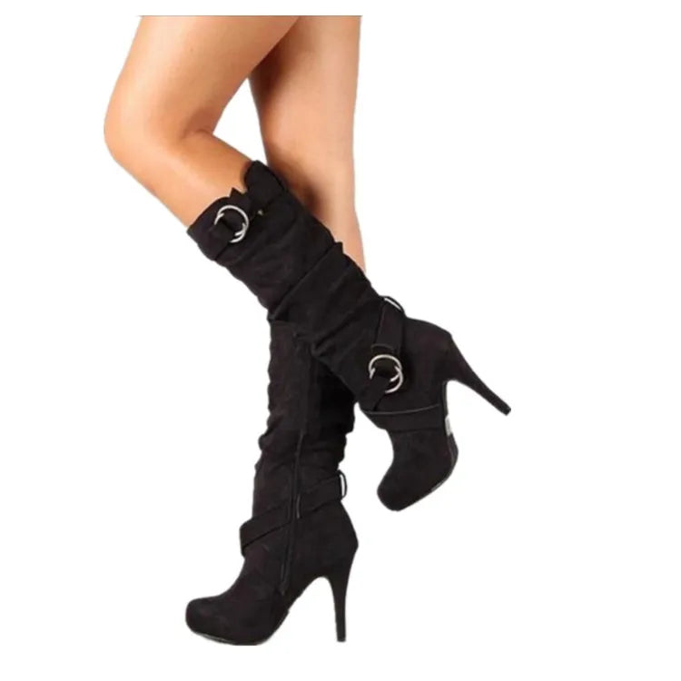 Knee High Women Thin High Heel Round Toe Platform Leather Boots