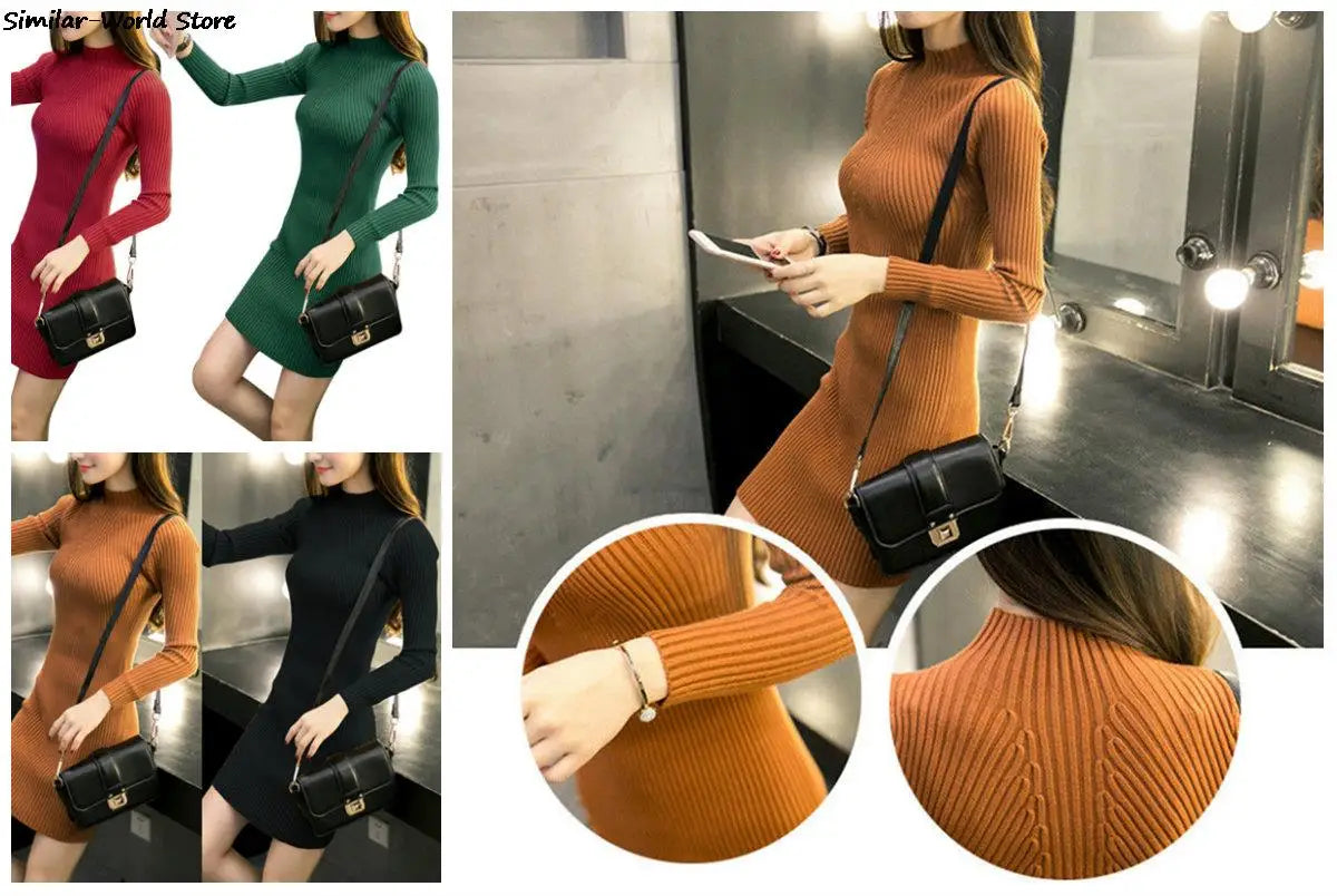 Female Winter Midi Sweater Long Sleeve Knitted Dress