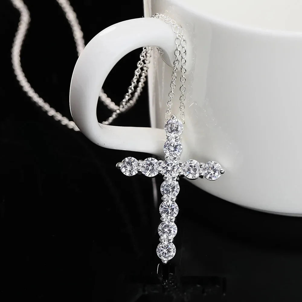 Sterling silver necklace Cross CZ crystal Zircon stone pendant