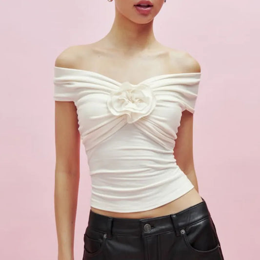 Women's Off Shoulder Crop Tops Short Sleeve Contrast/Solid Color 3D Flower Front Slim Dressy Shirt