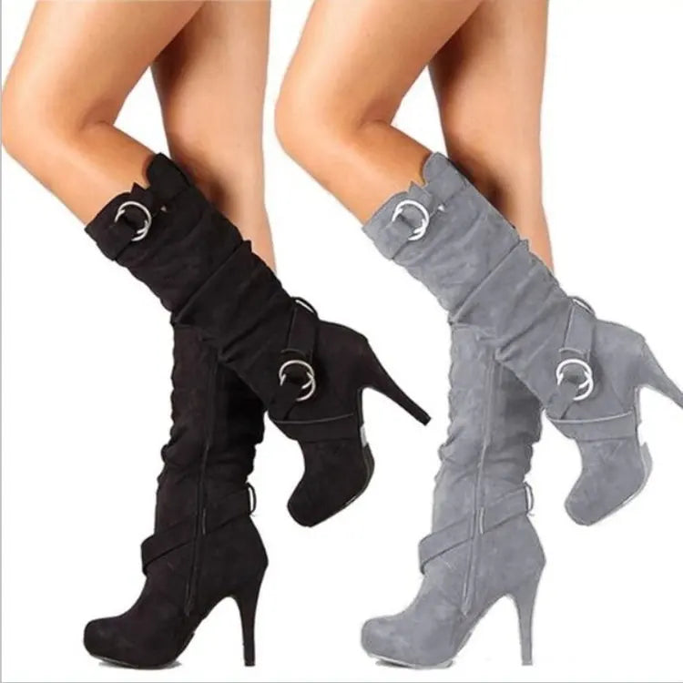 Knee High Women Thin High Heel Round Toe Platform Leather Boots