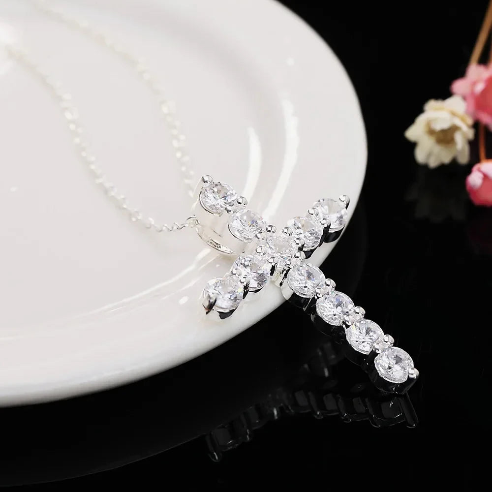 Sterling silver necklace Cross CZ crystal Zircon stone pendant