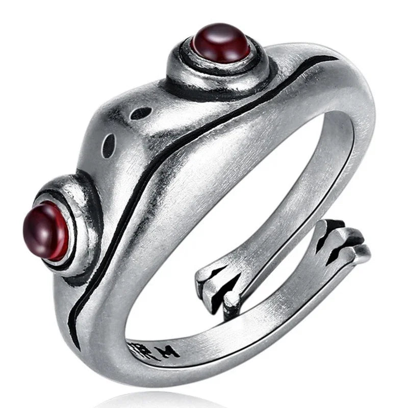 Metal Frog Ring Neutral Personality Creative Cute Animal Red Garnet Frog Open Adjustable