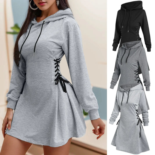 Women Tie Waist Hoodies V Neck Long Sleeves Mini Dress