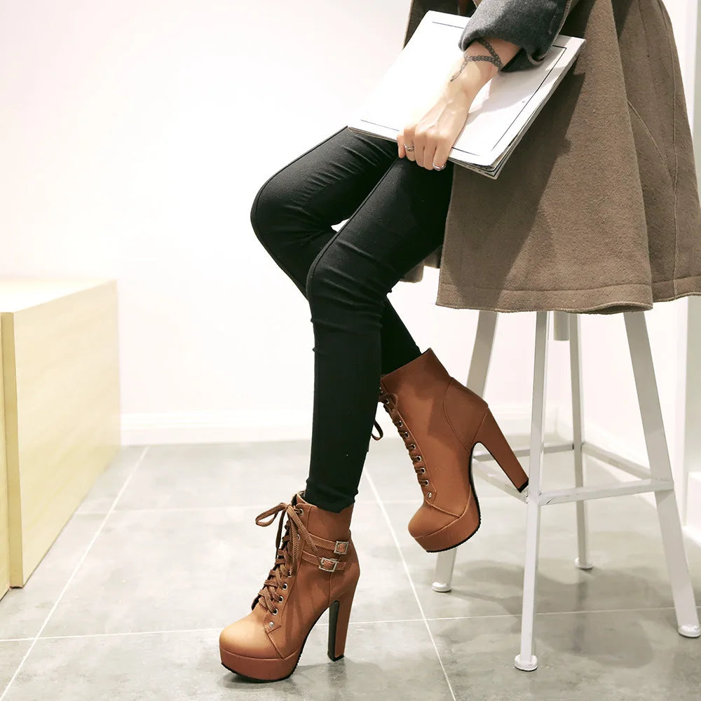 Strapping Ankle High Heel Belt Buckle Platform Women Boot