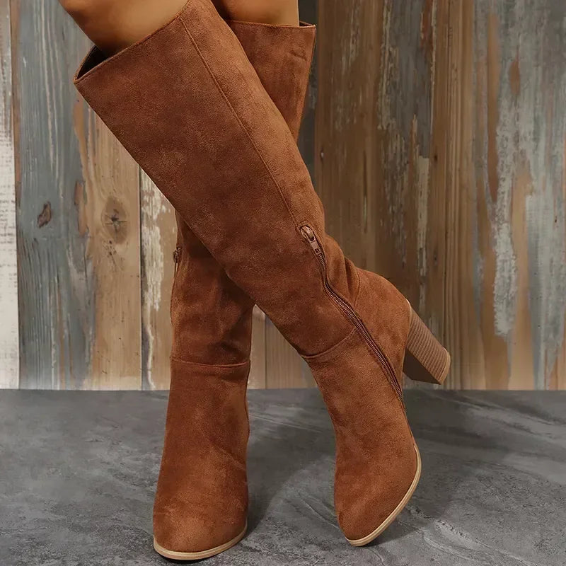 Women Retro High Heels Western Cowboy Leather Knee High Long Suede Boots