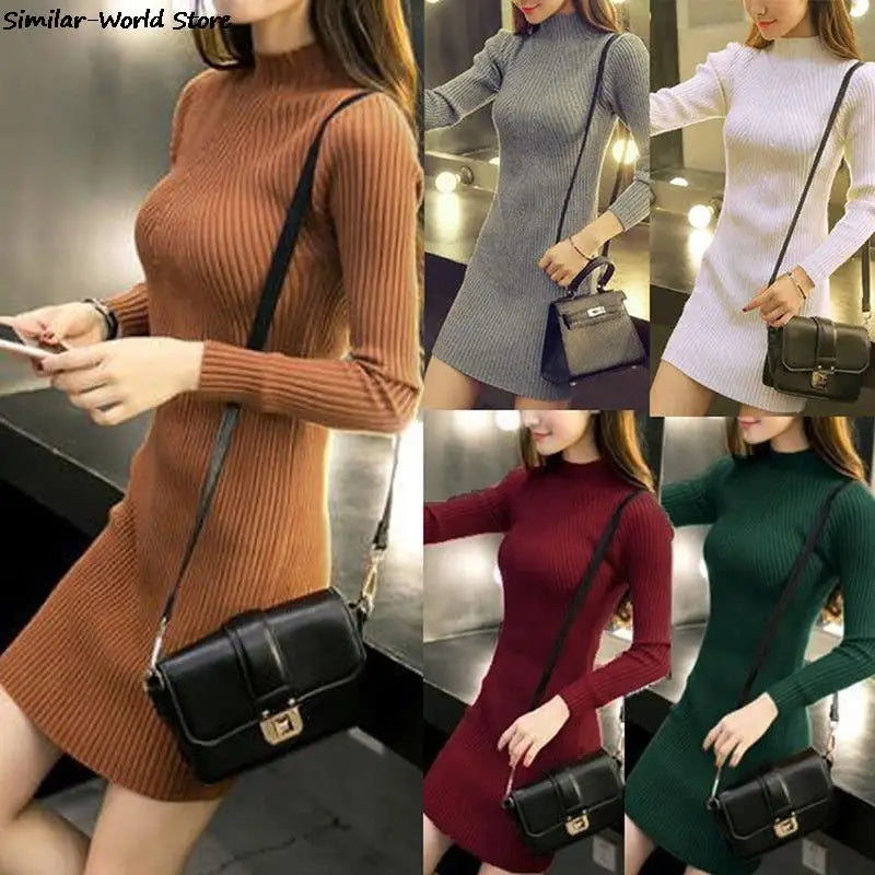 Female Winter Midi Sweater Long Sleeve Knitted Dress