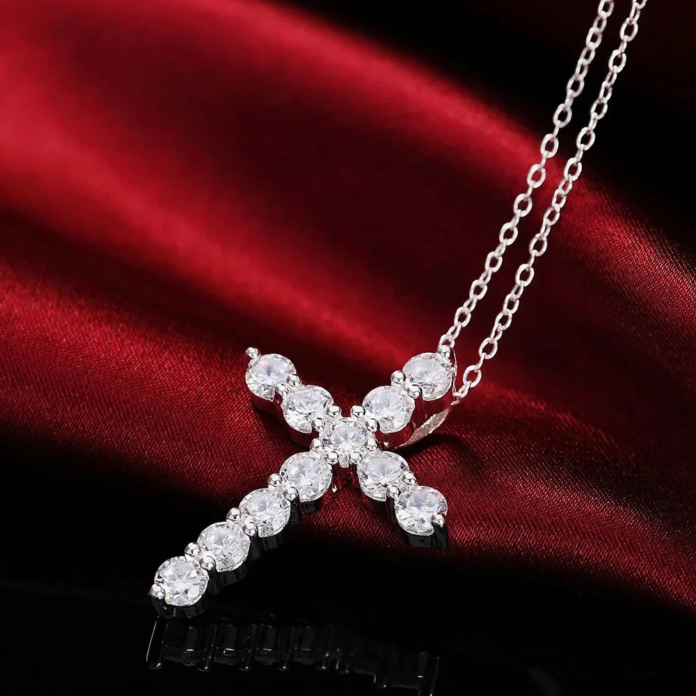 Sterling silver necklace Cross CZ crystal Zircon stone pendant