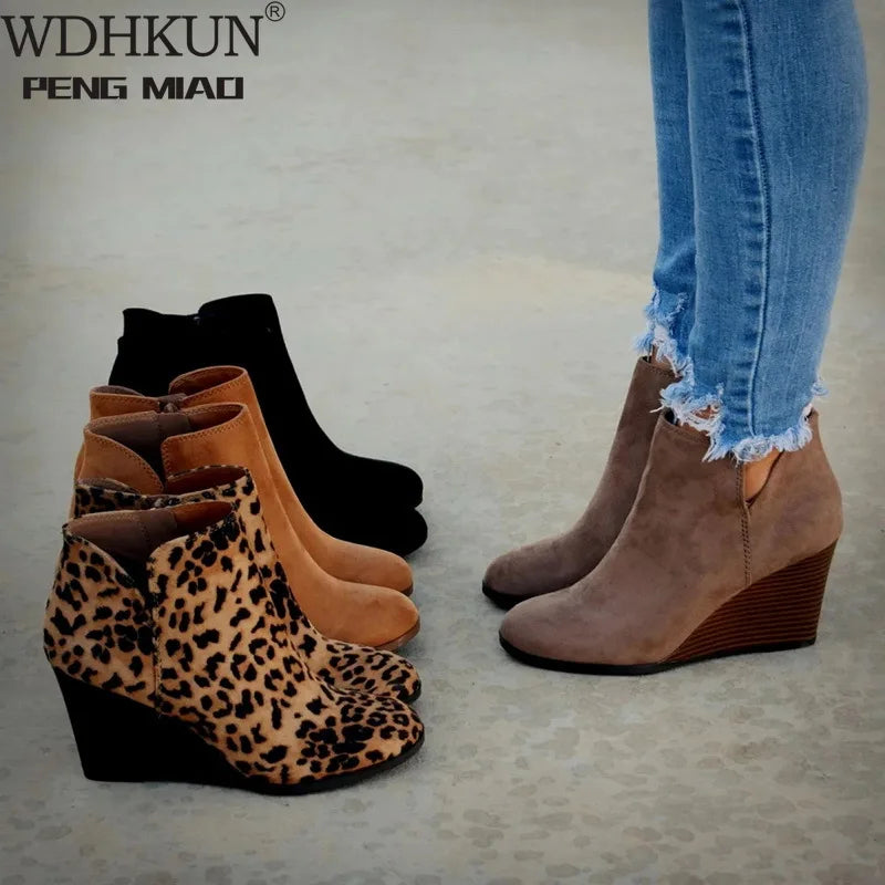 Pointed Toe Booties Winter Women Leopard Ankle Boots