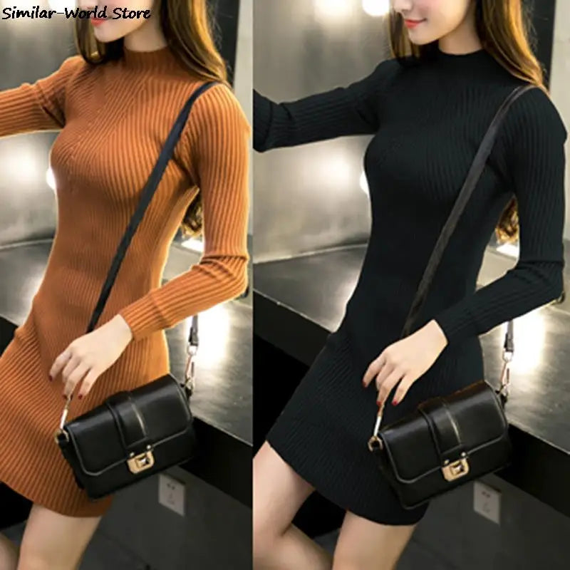 Female Winter Midi Sweater Long Sleeve Knitted Dress