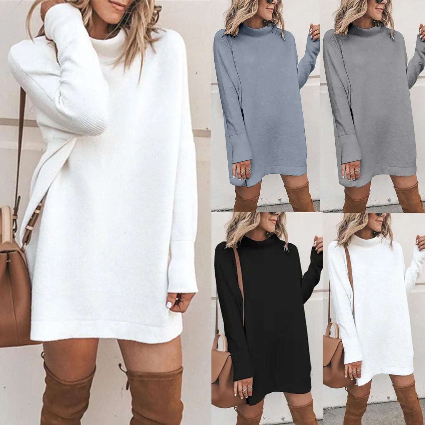 Winter Mini Sweater Dress Casual Solid O Neck Long Sleeve