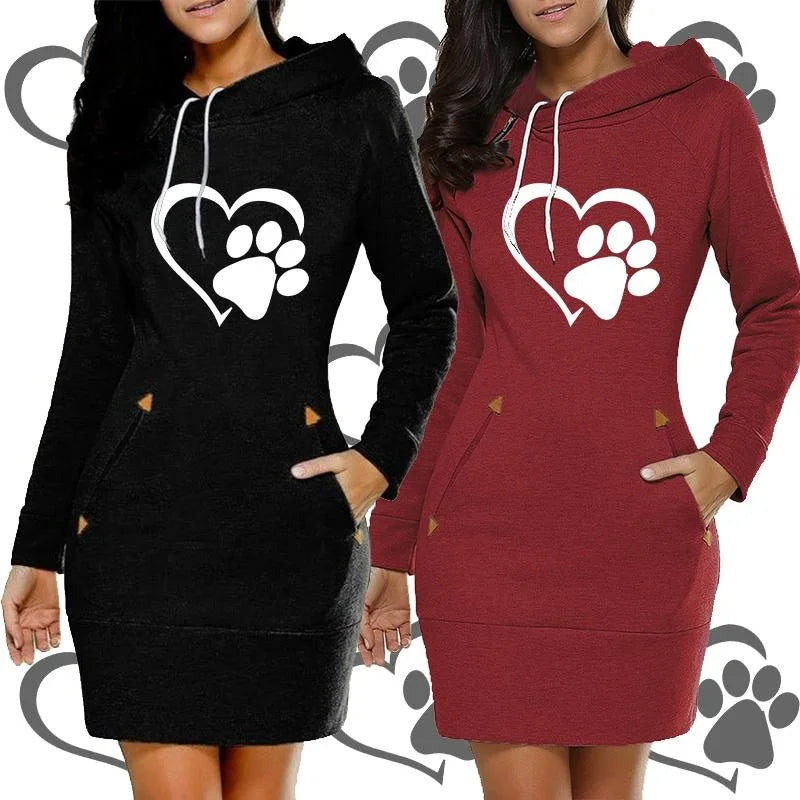 Cat Paw Print Long Sleeve Hooded Pullover Pocket Sweater Dress