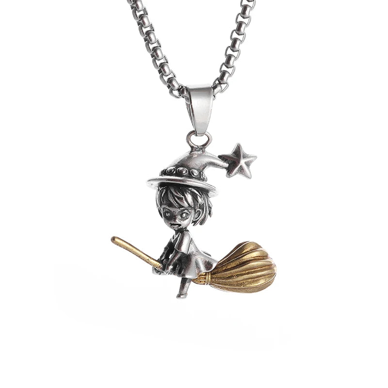 Exquisite Anime Flying Witch Broom Necklace Cute Magic Girl Pendant