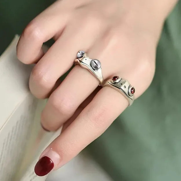 Metal Frog Ring Neutral Personality Creative Cute Animal Red Garnet Frog Open Adjustable