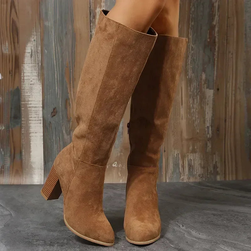 Women Retro High Heels Western Cowboy Leather Knee High Long Suede Boots