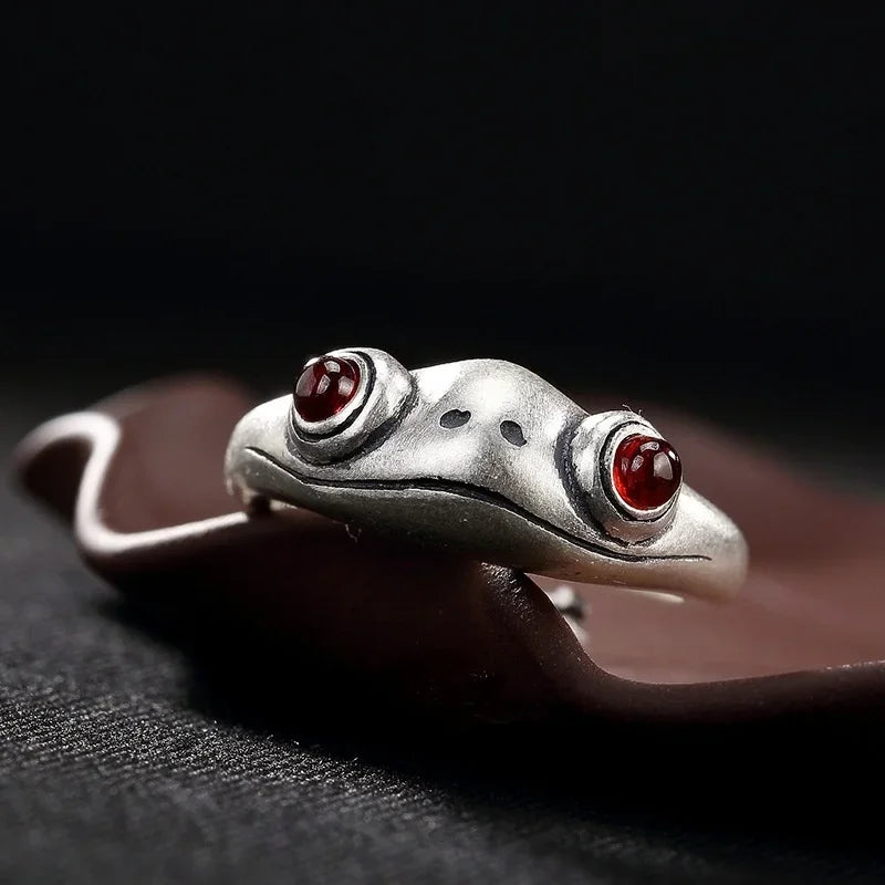 Metal Frog Ring Neutral Personality Creative Cute Animal Red Garnet Frog Open Adjustable