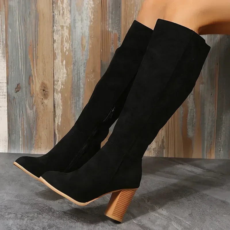 Women Retro High Heels Western Cowboy Leather Knee High Long Suede Boots