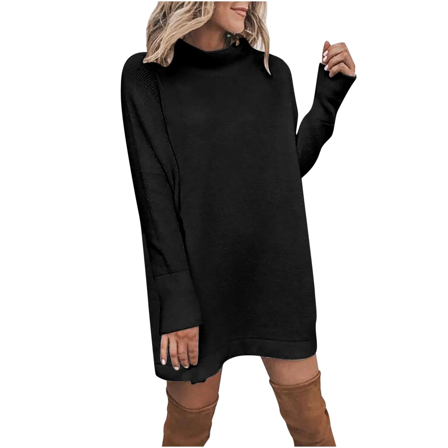 Winter Mini Sweater Dress Casual Solid O Neck Long Sleeve