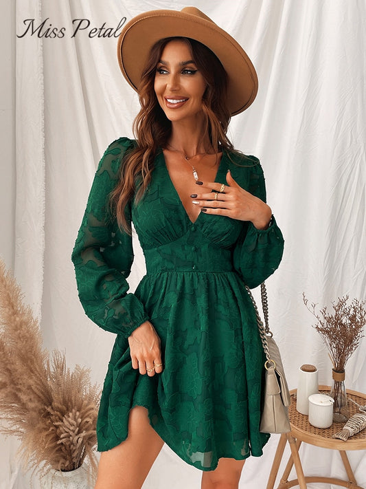 MISS PETAL Plunge A-Line Mini Green Sexy Long Sleeve Party Dress