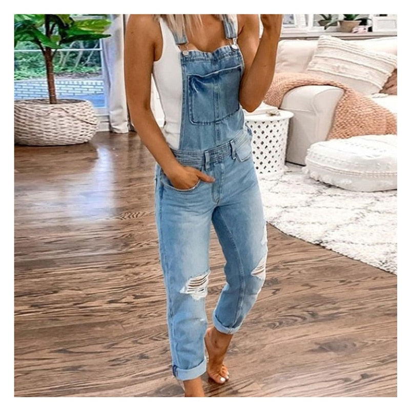 Women Holes Slim Fit Ripped Suspenders Overalls