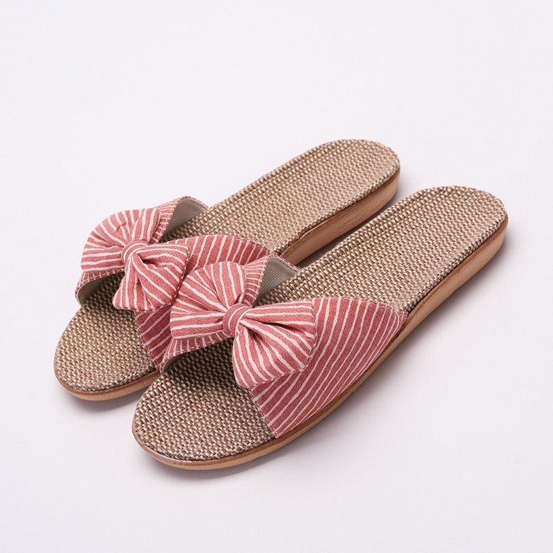 Breathable Linen Sweet Bow Casual Flat Slides