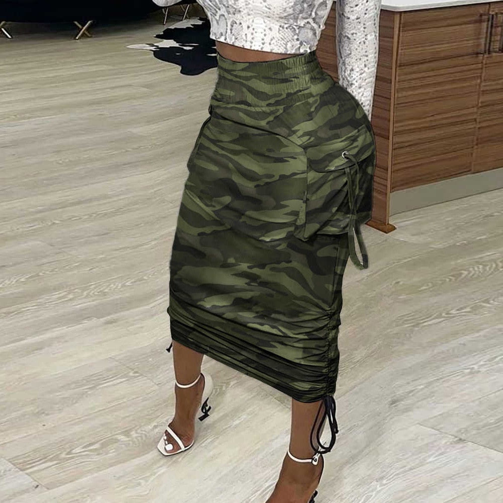 Camouflage Newspaper Print Draw String Long Skirts