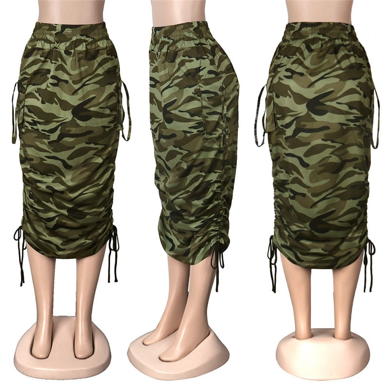 Camouflage Newspaper Print Draw String Long Skirts