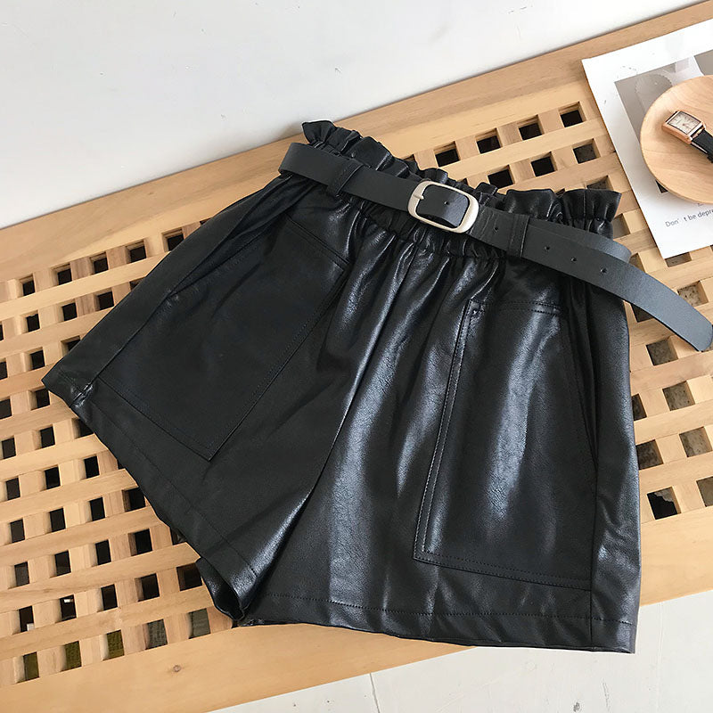 Paperbag Leather Shorts With Belt Front Pocket