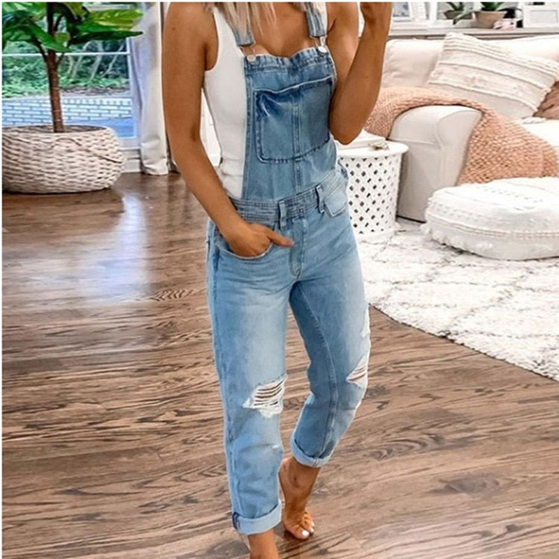 Women Holes Slim Fit Ripped Suspenders Overalls