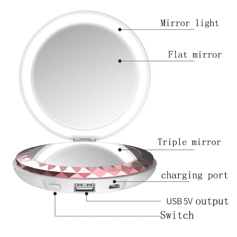 Portable Cosmetic Mirror Light Hand Warmer Rechargeable Power Bank 3X Magnifying M