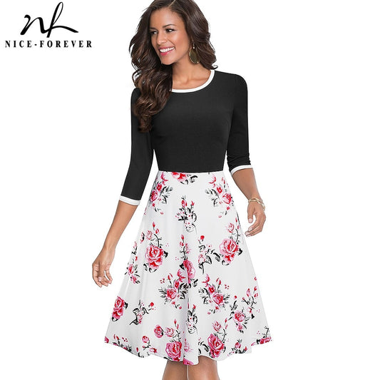 Primavera Retro Floral Patchwork Vestidos elegantes Casual Flare Swing Vestido de mujer