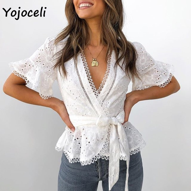 cotton embroidery laced ruffle bow blouses.