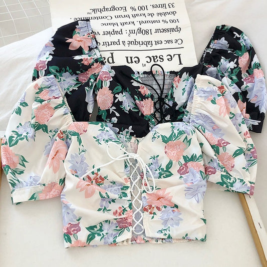 Women Floral Print Drawstring Blouses Shirt Women Short Sleeve French Vintage Bandage Lace Tops Female