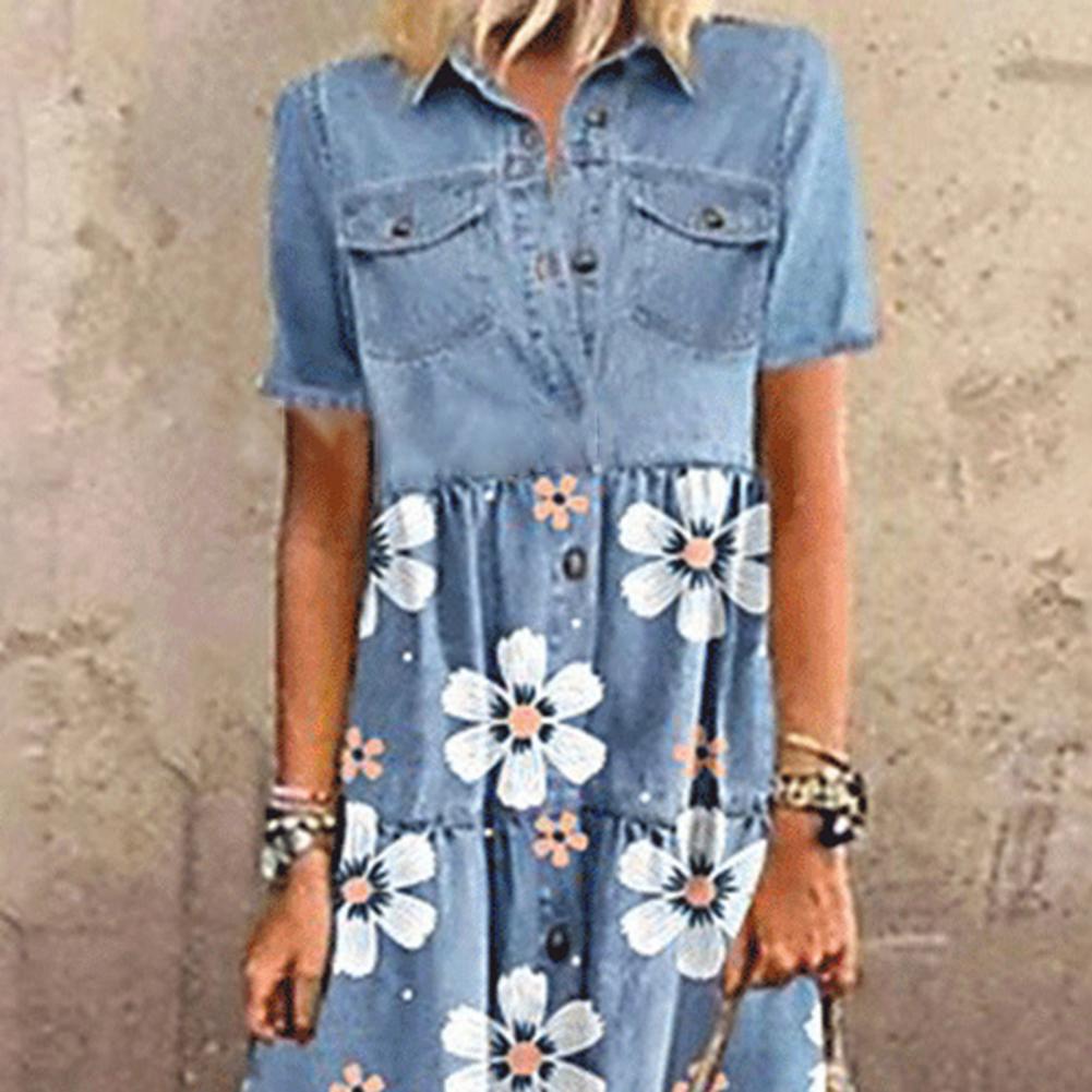 Single-breasted Patchwork Short Sleeve Pockets Floral Print Maxi Dress