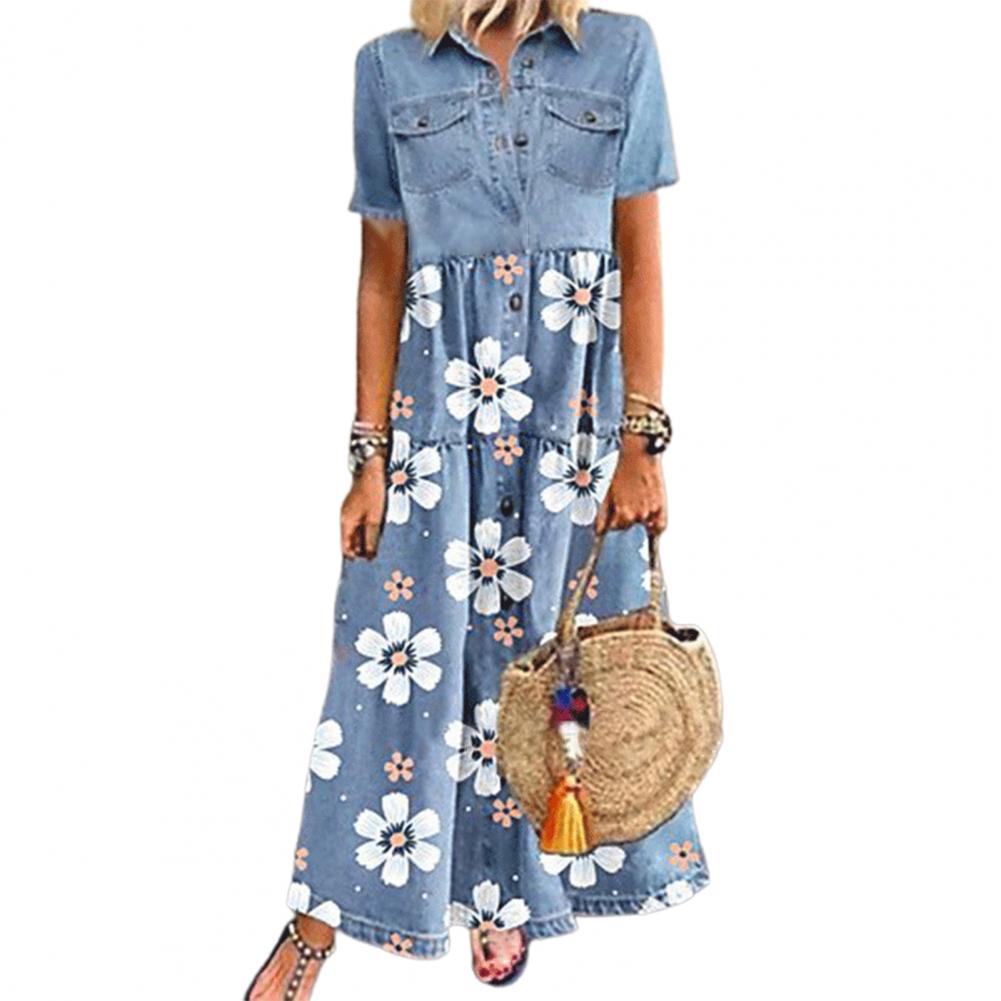Single-breasted Patchwork Short Sleeve Pockets Floral Print Maxi Dress