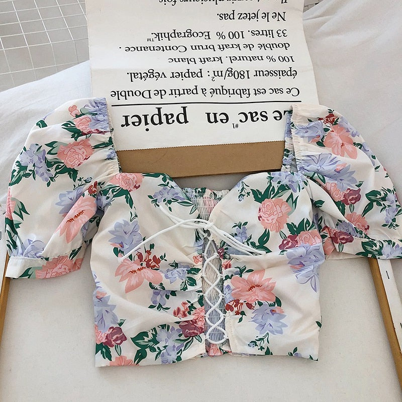 Women Floral Print Drawstring Blouses Shirt Women Short Sleeve French Vintage Bandage Lace Tops Female