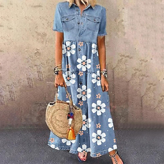 Single-breasted Patchwork Short Sleeve Pockets Floral Print Maxi Dress